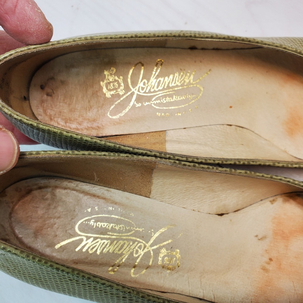 Johansen Vntg Lizard Embossed Leather Heels Olive Green Pointed Toe Pumps Size 5 - Picture 7 of 12